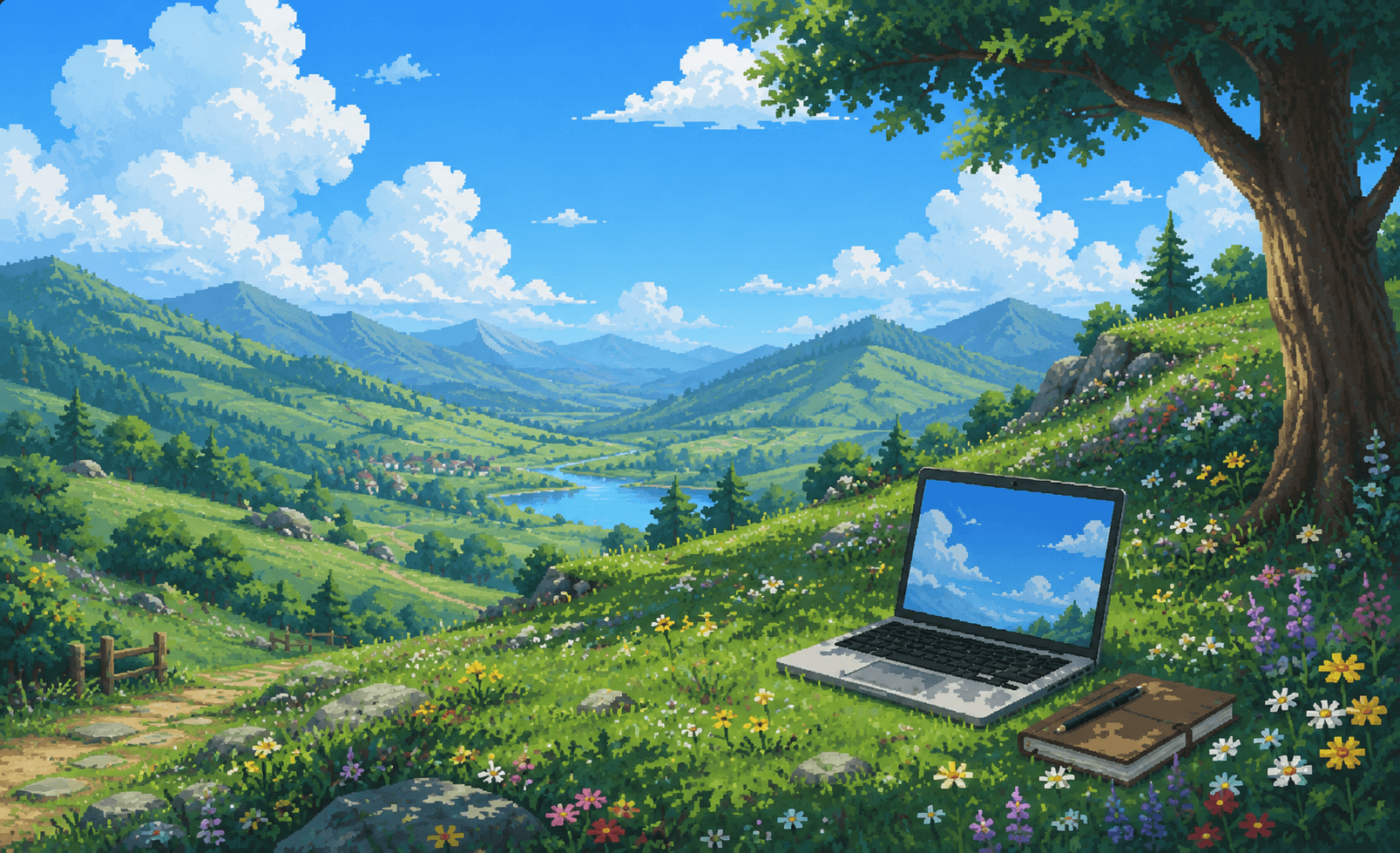 Pixel art workspace landscape with a laptop in a quiet outdoor setting